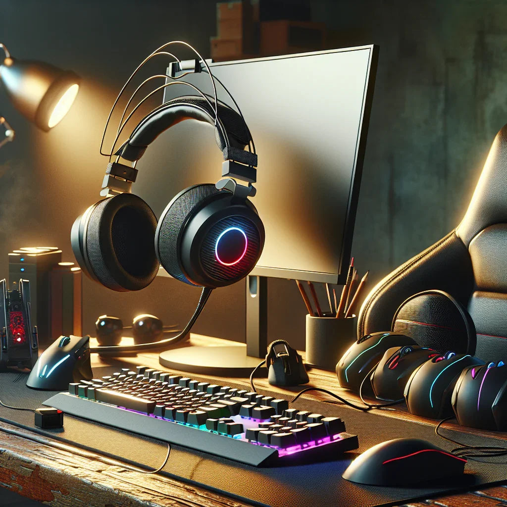 Modern gaming setup med RGB-tangentbord, gaming-mus, hörlurar och datorskärm på skrivbord.