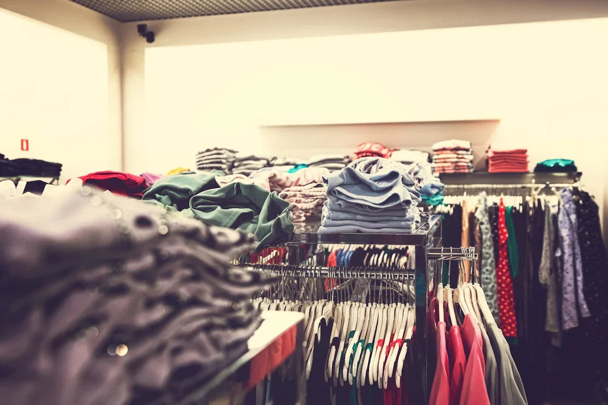 Klädaffär med organiserade högar av t-shirts och färgglada kläder på galgar, Nerdbutiken
