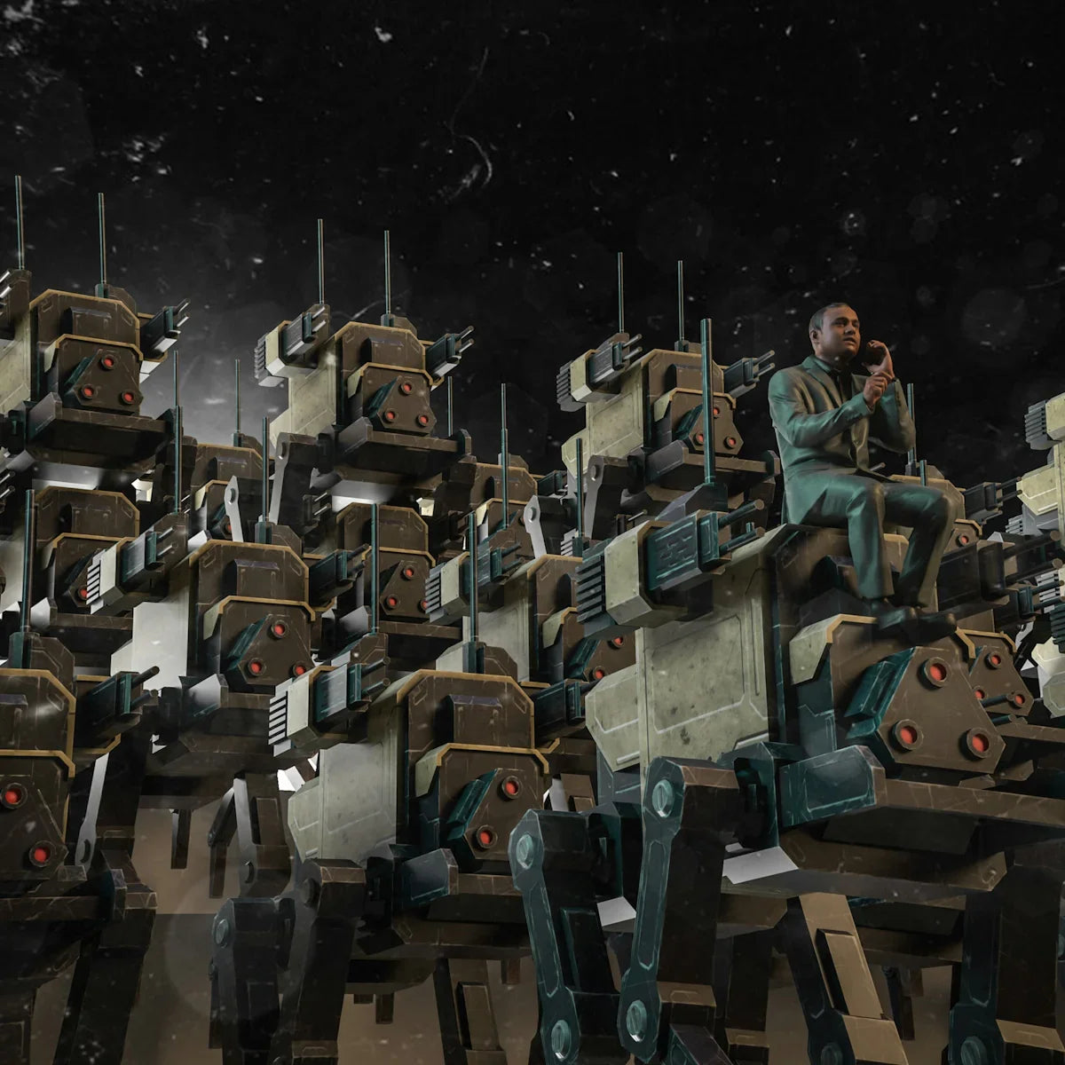 Grupp robotliknande mechs med mänsklig figur, sci-fi tema, Nerdbutiken gadgets.