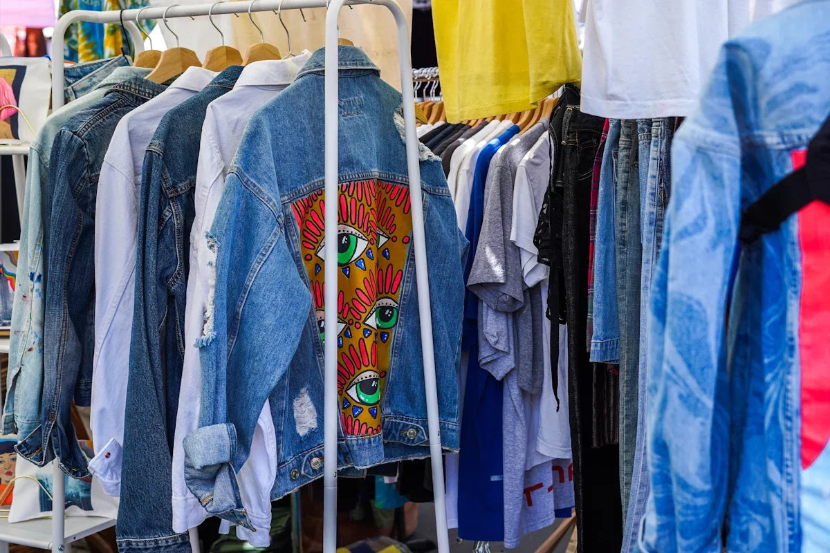Unika jeansjackor och t-shirts på klädställning, retro och nördiga motiv hos Nerdbutiken.