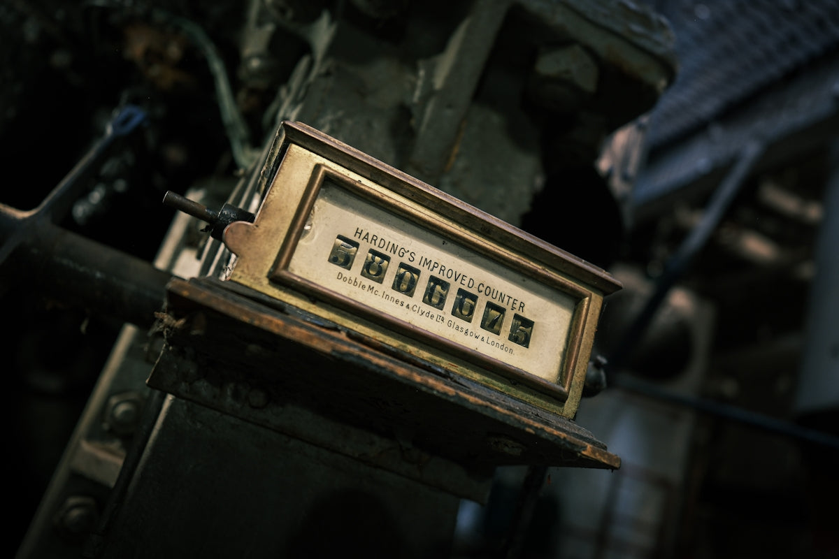Vintage counter with mechanical digits in a workshop.