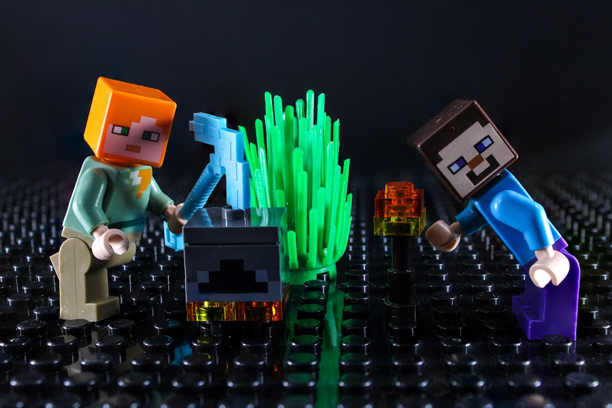 Two minecraft figures interacting with a plant.