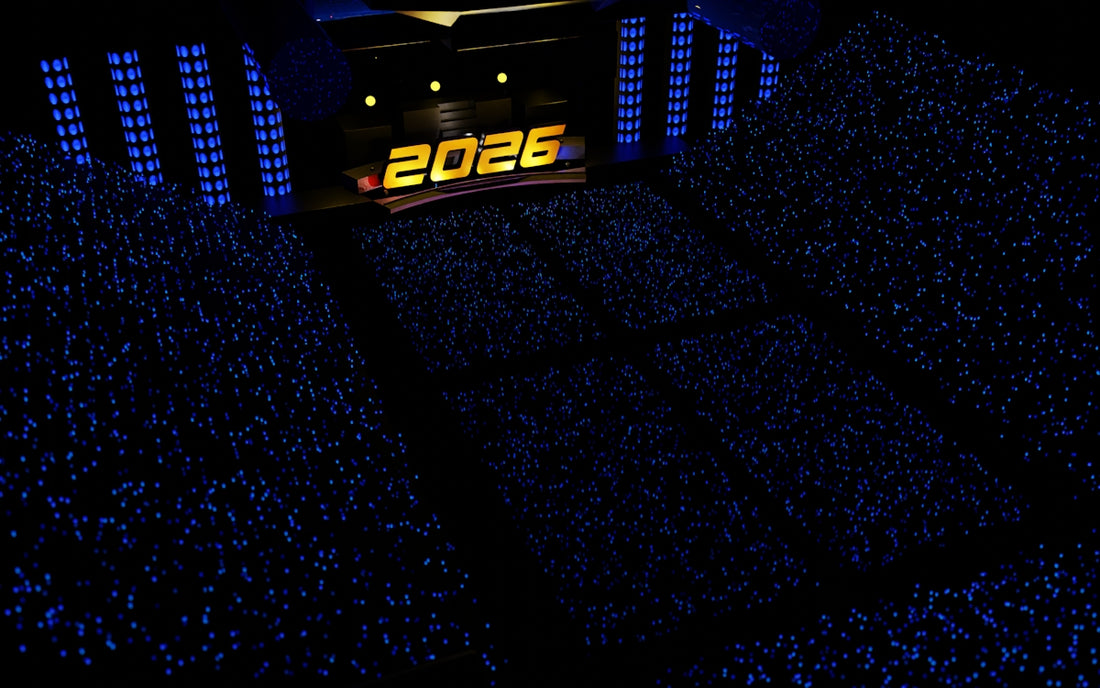 Digital clock shows year 2026 in stadium