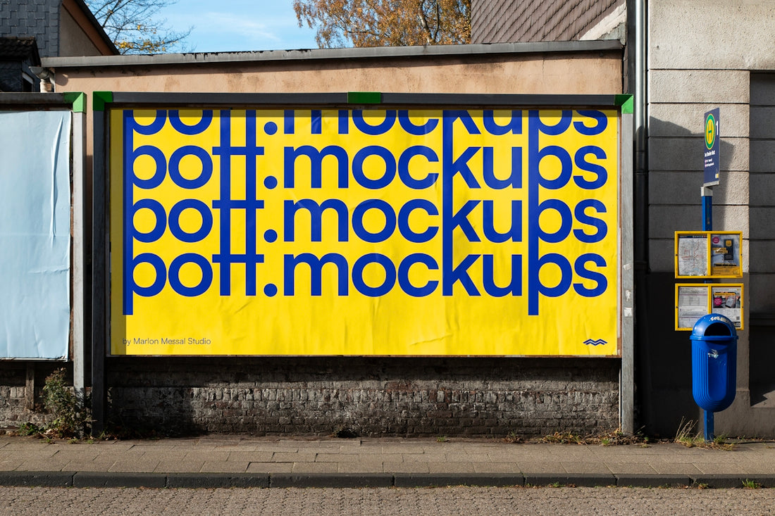 Yellow billboard with blue text repeating boff.mockups repeated