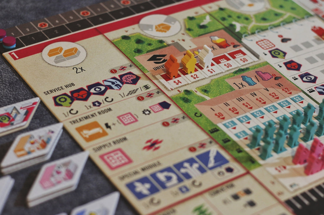 Board game with colorful pieces and cards