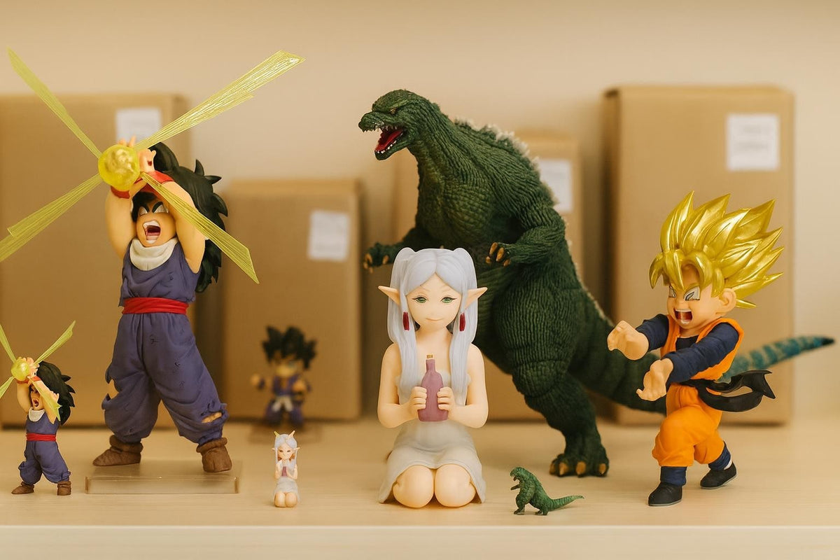 Banpresto actionfigurer med animekaraktärer och en grön Godzilla-liknande kaiju, uppställda framför kartonger på ett bord.