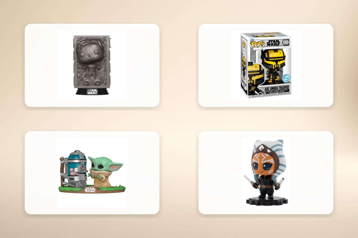 Hybridbild med verkliga produktbilder av Funko POP Figur Star Wars och Star Wars POP! Movies Vinyl inom star wars actionfigurer, placerade på en neutral bakgrund.
