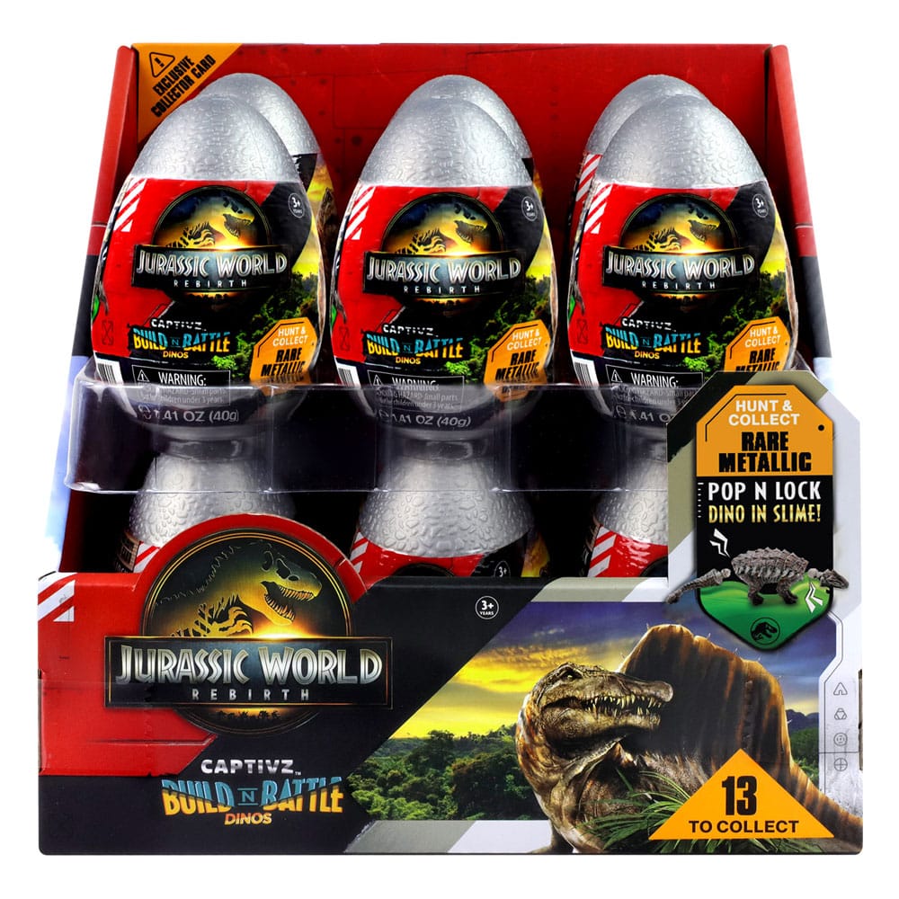 Jurassic World Rebirth Pop N Lock Breach Blind Box Captivz Build n Battle Dinos Display (12) BOTI