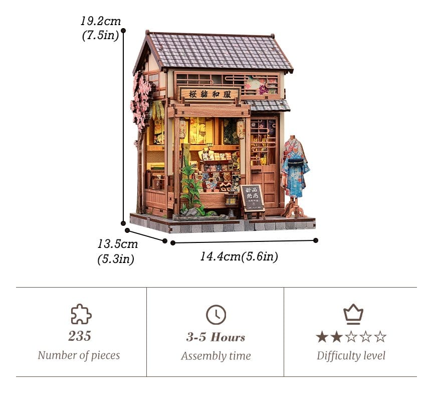 Minihus modellbyggsats Sakura och Kimono-butik 19 x 14 cm