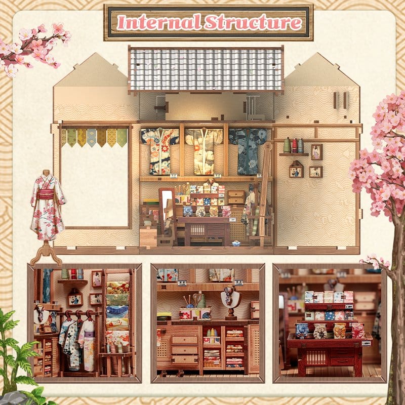 Minihus modellbyggsats Sakura och Kimono-butik 19 x 14 cm