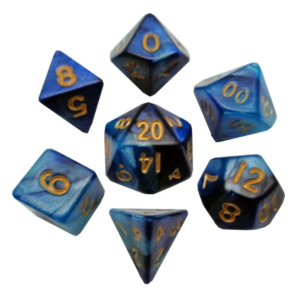 FanRoll Mini Dice Set Blå/Ljusblå med Guldnummer (7) FanRoll