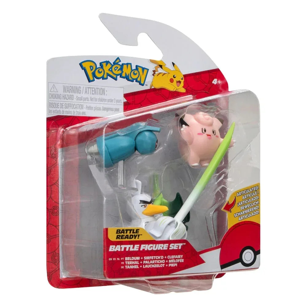 Pokémon Battle Figurset 3-Paket: Clefairy, Beldum, Sirfetch'd - 5 cm Jazwares