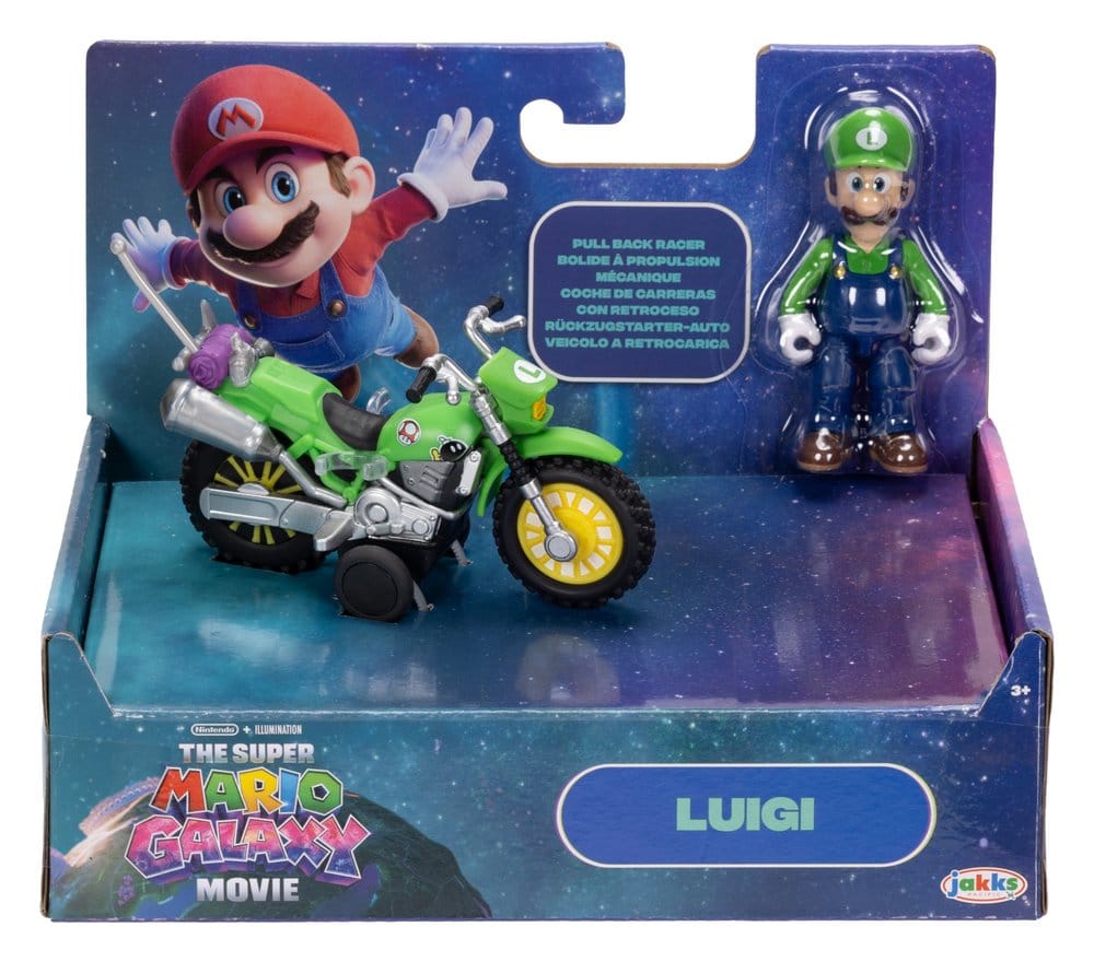 Super Mario Galaxy Movie Action Figure with Pullback Motorcycle Luigi 6 cm