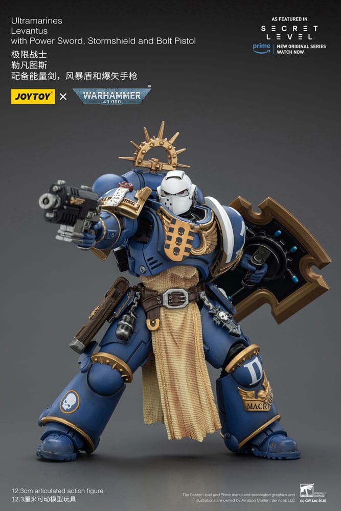 Warhammer 40,000 Action Figur Ultramarines Levantus med Kraftsvärd, Stormsköld och Boltpistol 13 cm Joy Toy (CN)