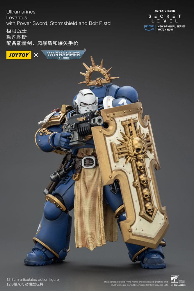 Warhammer 40,000 Action Figur Ultramarines Levantus med Kraftsvärd, Stormsköld och Boltpistol 13 cm Joy Toy (CN)