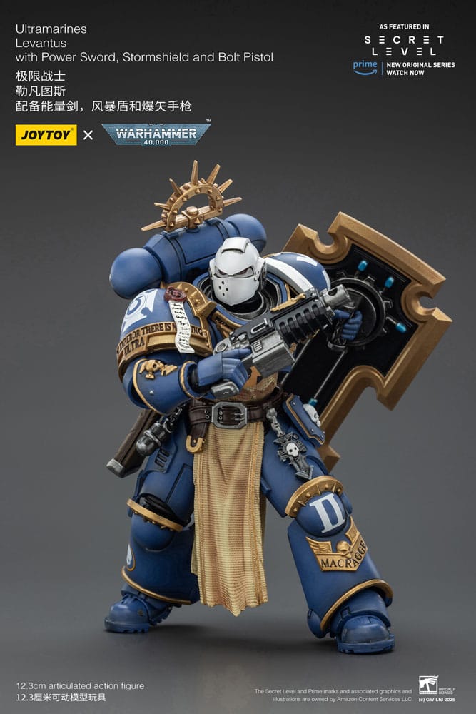 Warhammer 40,000 Action Figur Ultramarines Levantus med Kraftsvärd, Stormsköld och Boltpistol 13 cm Joy Toy (CN)