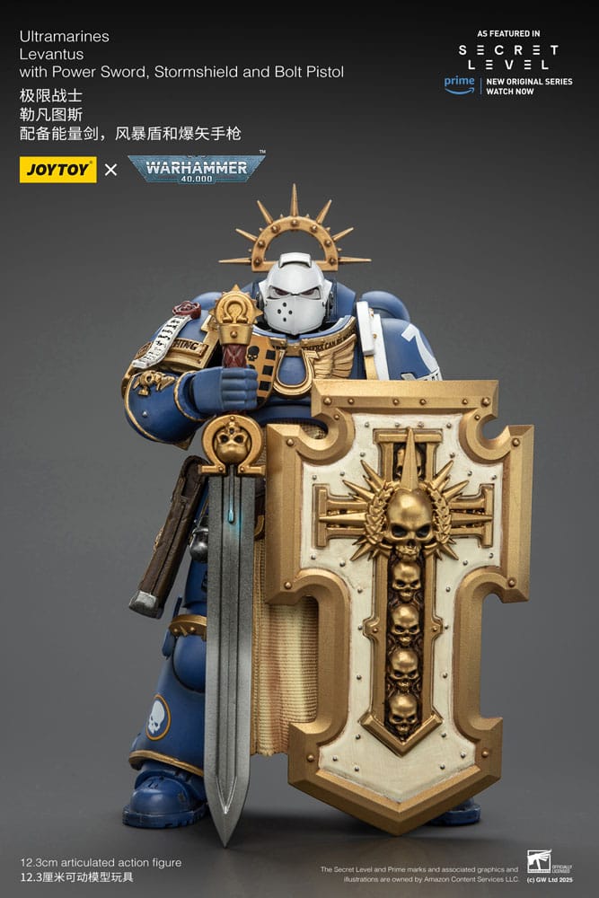 Warhammer 40,000 Action Figur Ultramarines Levantus med Kraftsvärd, Stormsköld och Boltpistol 13 cm Joy Toy (CN)