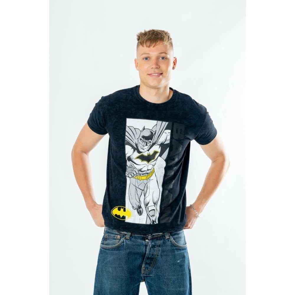 Batman T-shirt i comic-stil med syra-wash, storlek XXL