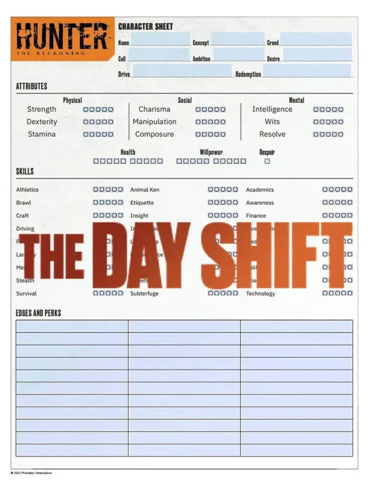 Hunter: The Reckoning 5th Edition RPG Journal – Expanded Character Sheet Journal Renegade