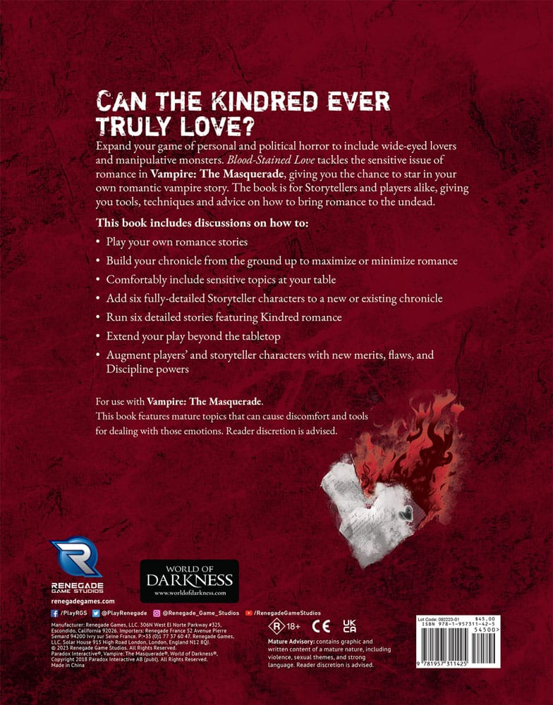 Vampire: The Masquerade 5th Edition RPG Book Blood-Stained Love Sourcebook *Englische Version* Renegade