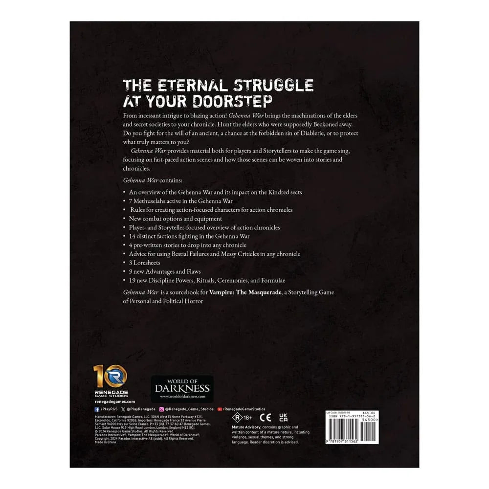 Vampire: The Masquerade 5th Edition RPG bok Gehenna War Sourcebook *Engelska versionen* Renegade