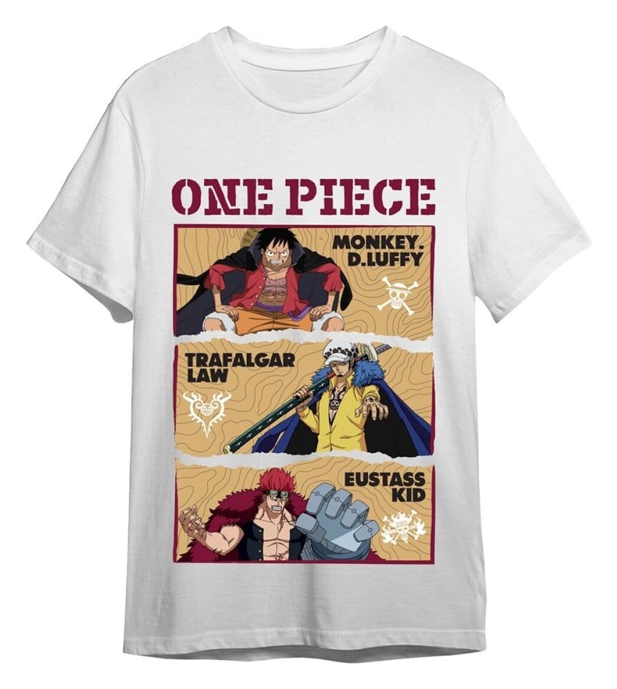 One Piece T-shirt Luffy/Trafalgar/Eustass vit storlek XL