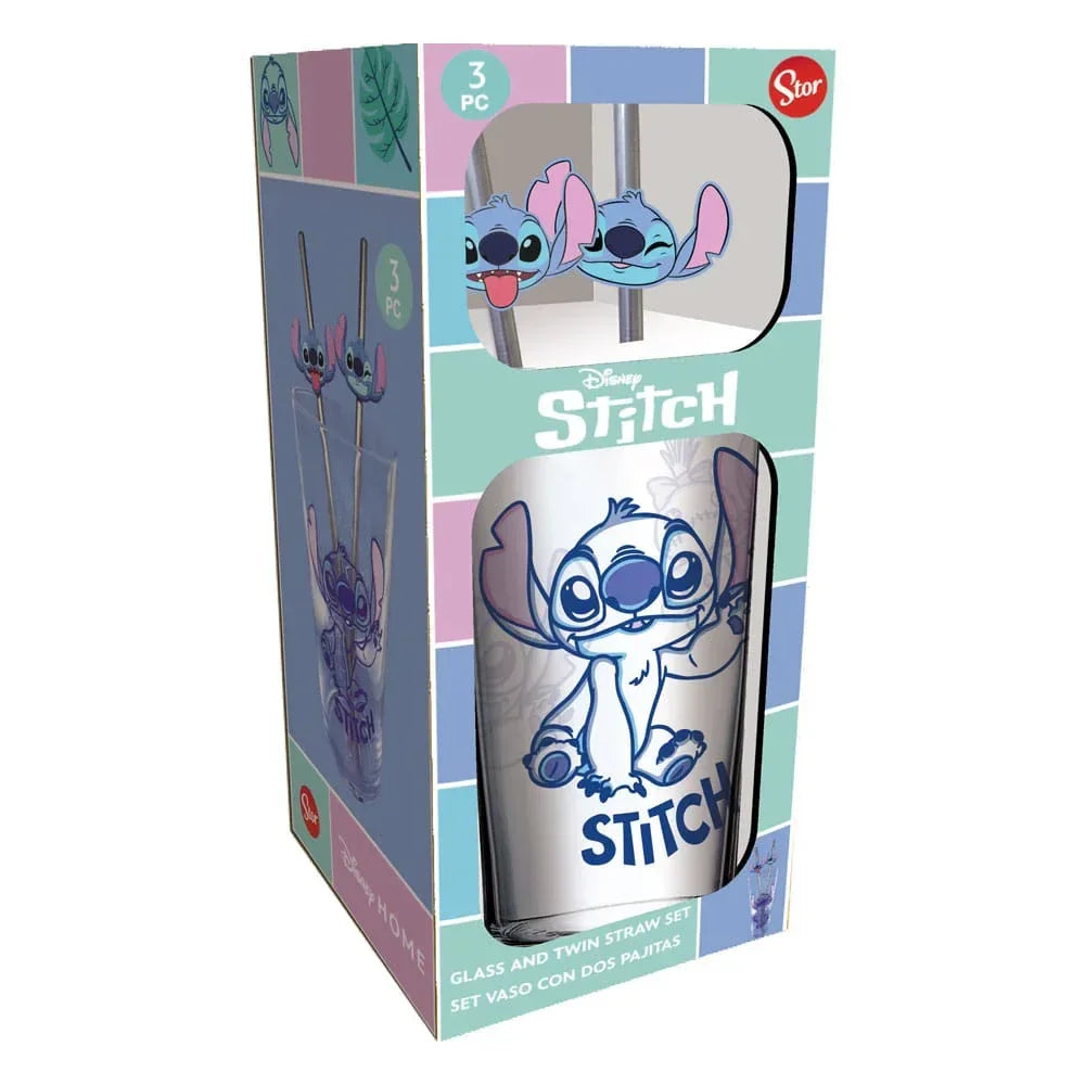 Lilo & Stitch Glasburk med Sugrör - Stitch 485 ml Stor